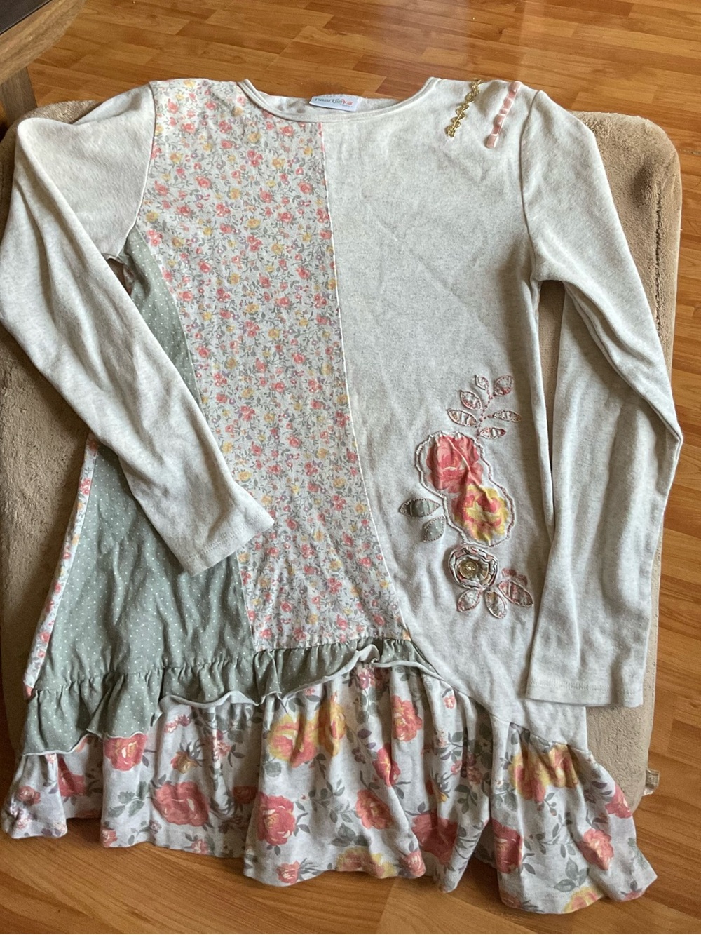naartjie Cream Long-Sleeve Patchwork Floral Top with Pink & Green Accents
